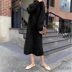 Lasaky - Long Knit Dress with Semi-High Collar, Loose Fit, Vertical Stripes, and Long Sleeves. Long Knitwear, High Neck Sweater Dress, Black Knitted Vest, Knitted Winter Dress, Winter Typ, Long Knitted Dress, Striped Knit Dress, Black Sweater Dress, Black Knit Dress