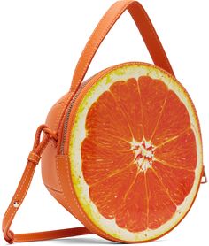 Sculptural paneled grained calfskin shoulder bag in orange. · Fixed carry handle · Adjustable and detachable crossbody strap · Logo embossed at face · Graphic printed at back face · Zip closure · Card slot at interior · Suede lining · Logo-engraved silver-tone hardware · Contrast stitching in white · H8 x W8x D6 Supplier color: Orange Face Graphic, Fun Accessories, Jw Anderson, Silver Engraving, Orange Leather, Contrast Stitch, Accessories For Women, Crossbody Strap, Color Orange