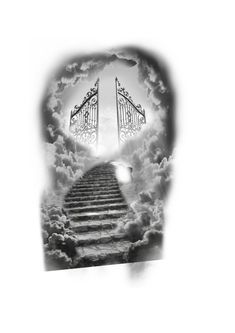 a stairway leading up into the sky with clouds and gate in the middle, as if it were an open door