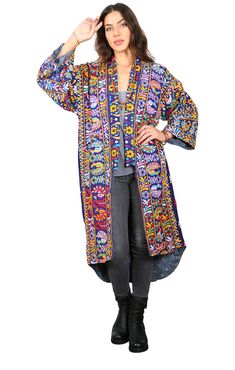 Our “Vintage Mirrored Kimono Coat” is a unique, one of a kind coat. The kimono is made from hand made embroidery mirrored fabric famous from the Rajasthan region of India. One of a kind Vintage (old) embroidered cloth’s are carefully selected by us and mixed and mended and sewn together and stacked in a whimsical hand made way. The Kimono coats are lined with soft hand printed cotton fabric. This unique item is a fabric & fashion lovers dream, and the coat is such a cool Artsy look. The coat is Mirrored Fabric, Kimono Coat, Printed Cotton Fabric, Vintage Kimono, Soft Hand, Fashion Lover, Printed Cotton, Royal Blue, Hand Made