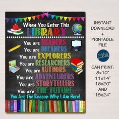 School Library Classroom Printable Poster, Librarian Decor, Technology Teacher, Media Room, In This Classroom Rules Sign, INSTANT DOWNLOAD Classroom Rules Sign, Creative Library, Library Poster, Library Rules, Library Classroom, Technology Teacher, Printable Classroom Posters, Library Posters, Library Bulletin Boards