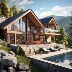 this is an artist's rendering of a modern house in the mountains with a swimming pool