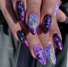 Summer Witch Nails, Cosmic Nail Art, Studio Nail Art, Witchy Nail Art, Celestial Nail Art, Tattoo Nail Art, Mystic Nails, Cosmic Nails, Witch Nails