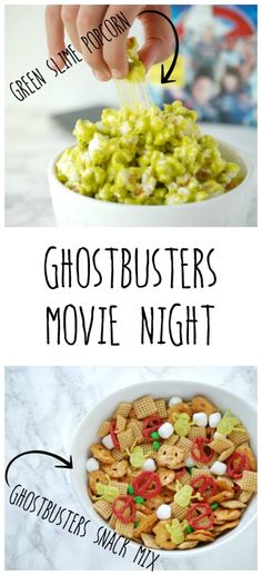 two pictures with the words ghostbusters movie night in them and an image of a bowl