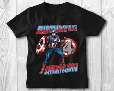 Captain America birthday shirt, personalized gift, birthday, custom shirt, birthday gift, custom, birthday shirt, Captain America This shirt will be made custom and personalized just for your child or/and any family member. This listing is for one shirt with the design which will be made with your child's name and age. The shirt is 100% cotton, great quality, soft and comfortable.  Size chart is listed as last image on this listing. Please make sure to measure your child against the size chart to ensure a good fit. The shirts run true to size but all brands run different so it is best to use the size chart as a reference.  HOW TO ORDER: 1. Select the Color 2. Select the Size 3. Add the Personalization details 3. Add to Cart 4. Go back and Repeat for each size (if you need more than one shi Captain America Birthday, America Birthday, Grand Prairie, Custom Shirt, Custom Birthday, Birthday Shirt, Color 2, All Brands, Kid Names