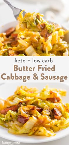 keto and low carb butter fried cabbage and sausage on a white plate with a fork