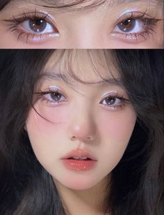 Natural Disco Makeup, Ethereal Make Up Look, Water Look Makeup, Asian Aesthetic Makeup, Sweet And Cool Makeup, Korean Makeup Look Lips, South Asian Eye Makeup, Everyday Glitter Eye Makeup, Minimal Fairy Makeup