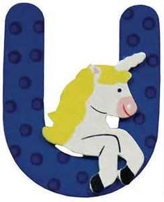 the letter u has a cartoon unicorn sitting on it's back and is blue with polka dots