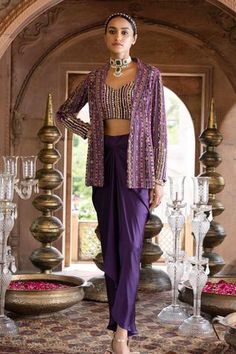 Shop for Chhavvi Aggarwal Purple Shantoon Printed Jacket With Satin Draped Skirt for Women Online at Aza Fashions Purple Traditional Outfit, Drape Skirt With Jacket, Traditional Jackets For Women Indian, Festive Skirt Set With Traditional Drape, Bollywood Style Traditional Drape Skirt Set For Designer Wear, Festive Traditional Drape Skirt, Festive Pre-draped Skirt With Traditional Drape, Drape Skirts Indo Western, Pre-draped Festive Skirt With Traditional Drape