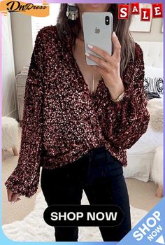 Deep V Neck Knot Sequin Shirt Glamorous V-neck Winter Top, Trendy V-neck Party Tops, Spring V-neck Party Shirt, Trendy V-neck Sequin Top, Trendy V-neck Tops For Party, Casual Blouse For Fall Party, Casual Fall Party Blouse, Long Sleeve Shirt For Date Night In Fall, Glamorous Long Sleeve Winter Top