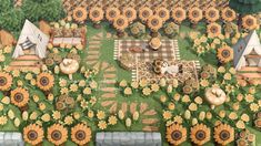 an aerial view of a farm with sunflowers in the foreground and picnic tables on the far side