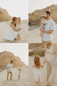 a couple holding hands and walking on the beach with their two children in front of them