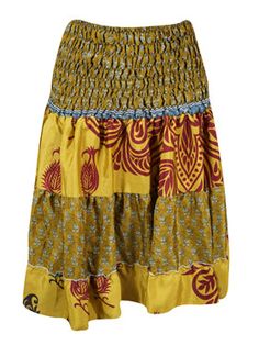 Womens Summer Ruched Skirt Yellow Floral Beach Recycle Silk Skirts S/M Traditional Yellow Summer Skirt, Traditional Yellow Skirt For Summer, Yellow Relaxed Bohemian Skirt, Yellow Bohemian Flared Skirt, Bohemian Yellow Tiered Skirt, Chic Travel Style, Boho Style Summer, Boho Style Skirts, Silk Skirts