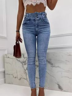 Skinny Beads Buttoned Elasticity Pockets Zipper Jean Pants Bottoms BLUE-XL Zipper Jeans, Jean Pants, Jumpsuit Skirt, Daily Dress, Dress Pant, Streetwear Women, Pant Shirt, New Arrival Dress, Skirt Suit