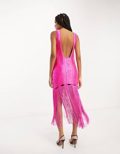 ASOS DESIGN fringe shift midi dress with cut out detail in pink | ASOS Glamorous Pink Knee-length Midi Dress, Elegant Sleeveless Midi Dress With Fringe, Chic Midi Dress With Fringe, Chic Knee-length Midi Dress With Fringe, Chic Knee-length Fringe Midi Dress, Glamorous Pink Summer Midi Dress, Chic Sleeveless Midi Dress With Fringe, Sleeveless Fringe Midi Dress For Party, Summer Midi Dress With Fringe