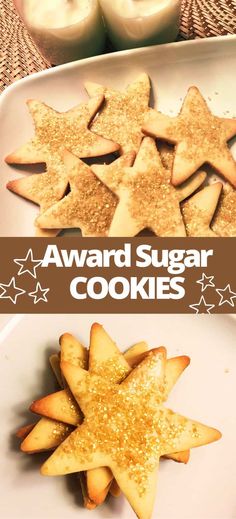 some cookies are on a white plate with gold glitters and the words award sugar cookies