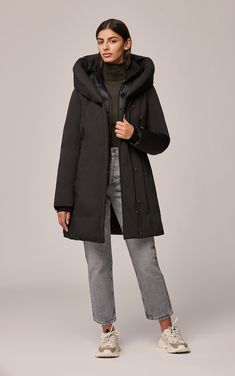 Camelia, Slim-fit classic down coat with large hood | Soia & Kyo US Functional Winter Workwear Parka, Fitted Recycled Polyester Outerwear For Fall, Fall Outerwear With Adjustable Hood In Recycled Polyester, Recycled Polyester Outerwear With Adjustable Hood For Fall, Down Winter Coats, Grey Trench Coat, Down Parka, Hooded Coat, Down Coat