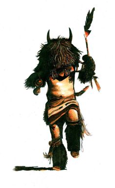 a drawing of a man with horns and feathers on his head, holding a stick