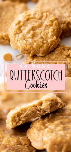 no bake butterscotch cookies are stacked on top of each other