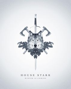 a wolf with two crossed swords on it's head and the words house stark written below