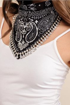 Experience the unique blend of style and comfort with our Cotton Bandanna Studded Handkerchief from Blue B. This accessory, adorned with silver gems, adds a touch of sparkle to your look while serving its practical purpose. It's more than just a handkerchief, it's a fashion statement. Bedazzled Bandana, Witchy Cowgirl, Rhinestone Bandana, Bodysuit And Shorts, Cowgirl Vibes, Bach Party, Clothes Crafts, Paisley Pattern