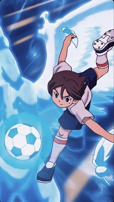 an anime character kicking a soccer ball in front of a blue and white background with water