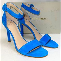 Marc Fisher Ankle Strap Velvet Blue Sandals. Make Them The Pop Of Color For Your Wardrobe Statement. 3.5” Heel New In Box Blue Ankle Strap Heels With Buckle Closure, Evening Blue Sandals With Buckle Closure, Blue Evening Sandals With Buckle Closure, Blue Sandals With Buckle Closure, Blue Open Heel Shoes With Buckle Closure, Blue Open Heel Heels With Buckle Closure, Spring Blue Heels With Buckle Closure, Blue Sandals With 4-inch Heel, Blue Sandals With 4-inch Heel For Summer