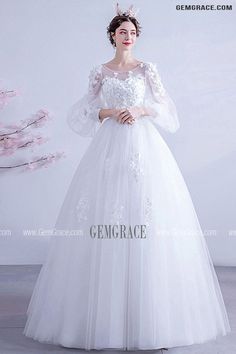 10% off now|Beaded Round Neck Appliques Ballgown Wedding Dress With Bubble Sleeves at GemGrace. Click to learn our pro custom-made service for wedding dress, formal dress. View Ball Gown Wedding Dresses for more ideas. Stable shipping world-wide. Wedding Ball Gown With Fitted Bodice And Long Sleeves, Full-length Tulle Wedding Dress, Full Length Tulle Wedding Dress, Long Sleeve Tulle Ball Gown For Wedding, Long Sleeve Ball Gown With Sweep Train For Wedding, Long Sleeve Wedding Ball Gown With Sweep Train, Wedding Full-length Tulle Gown, Elegant Long Sleeve Wedding Dress With Sweep Train, Long Sleeve Wedding Dress With Sweep Train