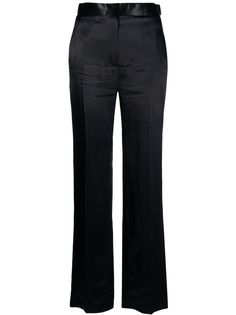 black satin finish dart detailing pressed crease high-waisted straight leg concealed front fastening two side inset pockets Satin Trousers, Pants Straight, Straight Leg Pants, Black Satin, Victoria Beckham, Dart, Satin Finish, Bottoms Pants, Womens Bottoms