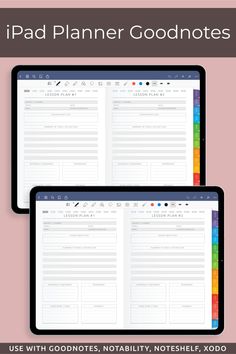 two ipads with the words ipad planner good notes on them and an image of a tablet