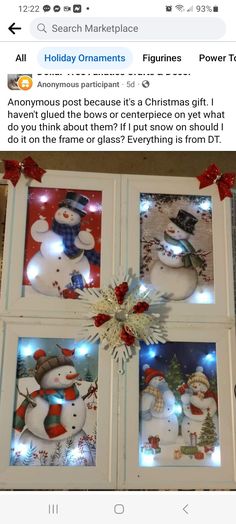 an image of snowmen in windows with christmas lights on them and the caption says, holiday ornaments figurines