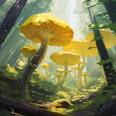 a painting of yellow mushrooms in the woods by itself with sunlight streaming through them and leaves on the ground