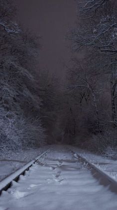 the train tracks are covered in snow at night