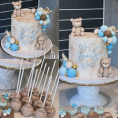 two tiered cakes decorated with teddy bears and blue balloons are on display at a baby's first birthday party