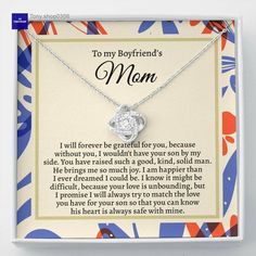 a mother's necklace with the message to her son on it in a gift box