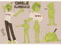 the character sheet for charlie slime and his family, including an alien man with green hair