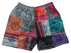 -  Unisex summer shorts. - Perfect for holidays and warm weekends. - Multi-coloured printed ethnic patchwork shorts. - 2 side pockets and 1 back pocket. - Drawstring fastening. - 100% Cotton. - Handmade in Kathmandu, Nepal. - Hand wash separately in cold water. Do not use bleach. Do not tumble dry. Size Chart: A- Waist size (Non-stretch) B- Length from waist to hem The measurements are as follows: Small: A- 14 inches; B: 18 inches approx. Medium: A- 15 inches; B- 19 inches approx. Large: A- 16 i Beachwear Cotton Shorts For Leisure, Multicolor Summer Bottoms For Leisure, Multicolor Summer Leisure Bottoms, Multicolor Cotton Swim Trunks, Multicolor Cotton Short Swim Trunks, Boho Summer Outfit, Hippie Shorts, Beach Outfit Men, Mens Beach Shorts