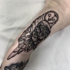 an owl tattoo on the arm and leg