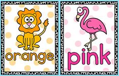 three posters with different animals and letters on the same page, one has an orange pink flamingo