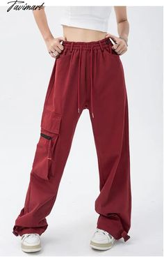 Tavimart Red Overalls Pants Women's Fashion Trousers Hip Hop Drawstring High Waist Wide Leg Baggy Casual Cargo Straight Pants Streetwear Red Overalls, Fashion Trousers, Pants Streetwear, Pants Women Fashion, Overalls Pants, Trouser Style, Straight Pants, Overalls, Hip Hop