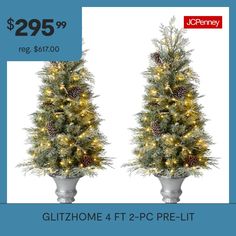 two potted trees with pine cones and lights are on sale for $ 29 99