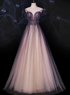 Charming Tulle Gradient Cap Sleeves Long Party Dress. A-Line Evening Gown Sparkling Gown, Long Party Dress, Prom Dress Inspiration, Pretty Prom Dresses, Dress A Line, Prom Outfits, Party Dress Long, Beautiful Gowns, Fancy Dresses