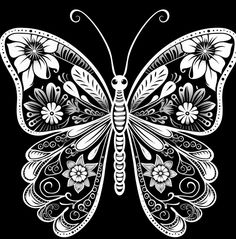 a black and white drawing of a butterfly with flowers on it's back wings