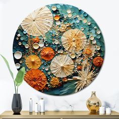 an abstract painting on a wall with flowers and bubbles