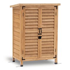 a wooden cabinet with shutters on the front and bottom doors, open to reveal an inner compartment