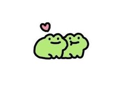 two green frogs sitting next to each other on top of a white surface with a heart in the middle