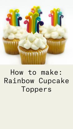 three cupcakes with white frosting and colorful candles