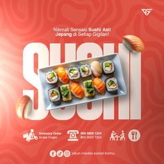 an advertisement for sushi restaurant on a red and white background with the word sushi