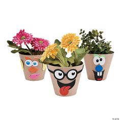 three planters with flowers in them and faces painted on the pots to look like they are smiling