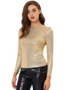 PRICES MAY VARY. Glitter Shiny Metallic Tops - Metallic Shiny Tops, Puff Long Sleeve, Crew Neck, Stretchy Fabric, Button Upper at Back. It's designed with round neck and puff long sleeves and it has textured shiny fabric to it that sets it apart from more simplistic styles. Occasion: Halloween, Music Festival, Party, Club, Date Night, Dance or Daily, Y2K, Cocktails, Festival Wear. Machine Wash Cold with Like Colors. Model Body Size: Height: 5'7", Chest: 33 4/8 inches, Waist: 24 6/8 inches, Shoul Sparkly Sequin Top, Metallic Tops, Tops Gold, Leggings And Heels, Sparkly Party, Metallic Blouses, Party Blouse, Halloween Long Sleeve, Shiny Fabric